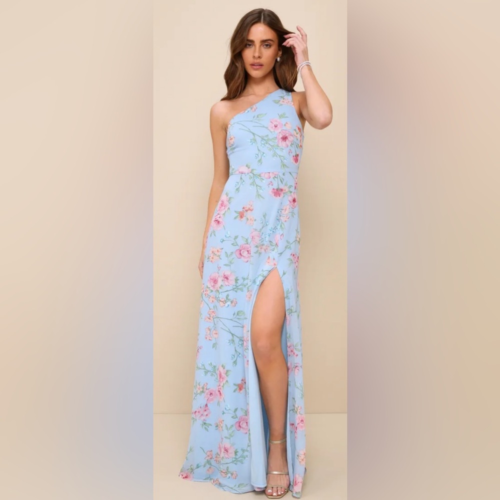 NWT Lulu’s Elegant Admiration Light Blue Floral One-Shoulder Maxi Dress XL